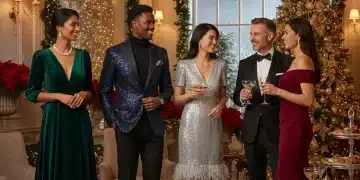 Stylish guests in glamorous winter 2026 party attire at a festive holiday event.