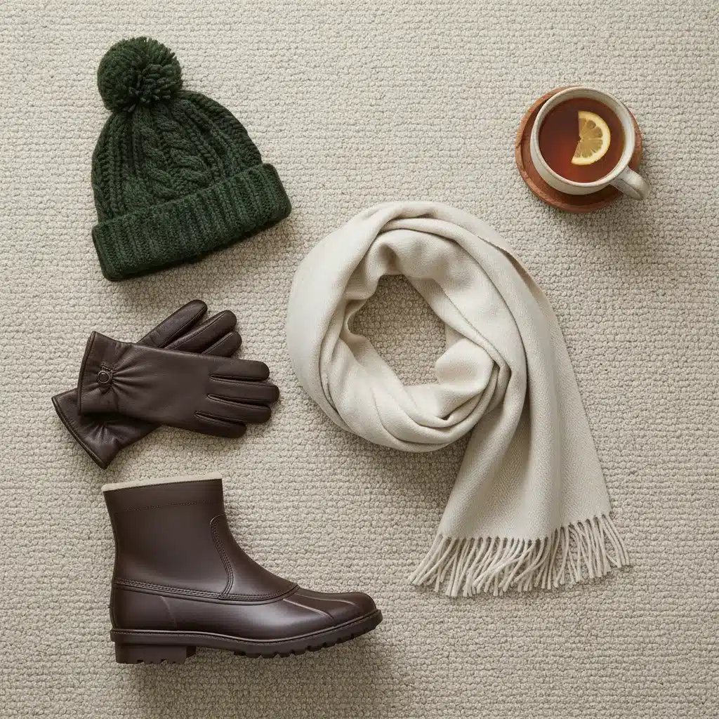 Flat lay of winter accessories: scarf, gloves, beanie, boots
