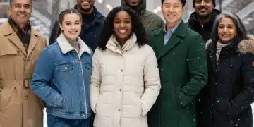 Diverse Americans in stylish winter jackets, ready for cold weather