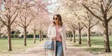 Woman in light trench coat transitioning from winter to spring fashion