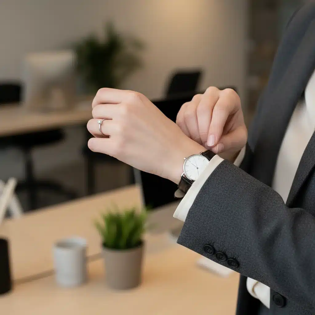 Woman adjusting blazer cuff with elegant watch
