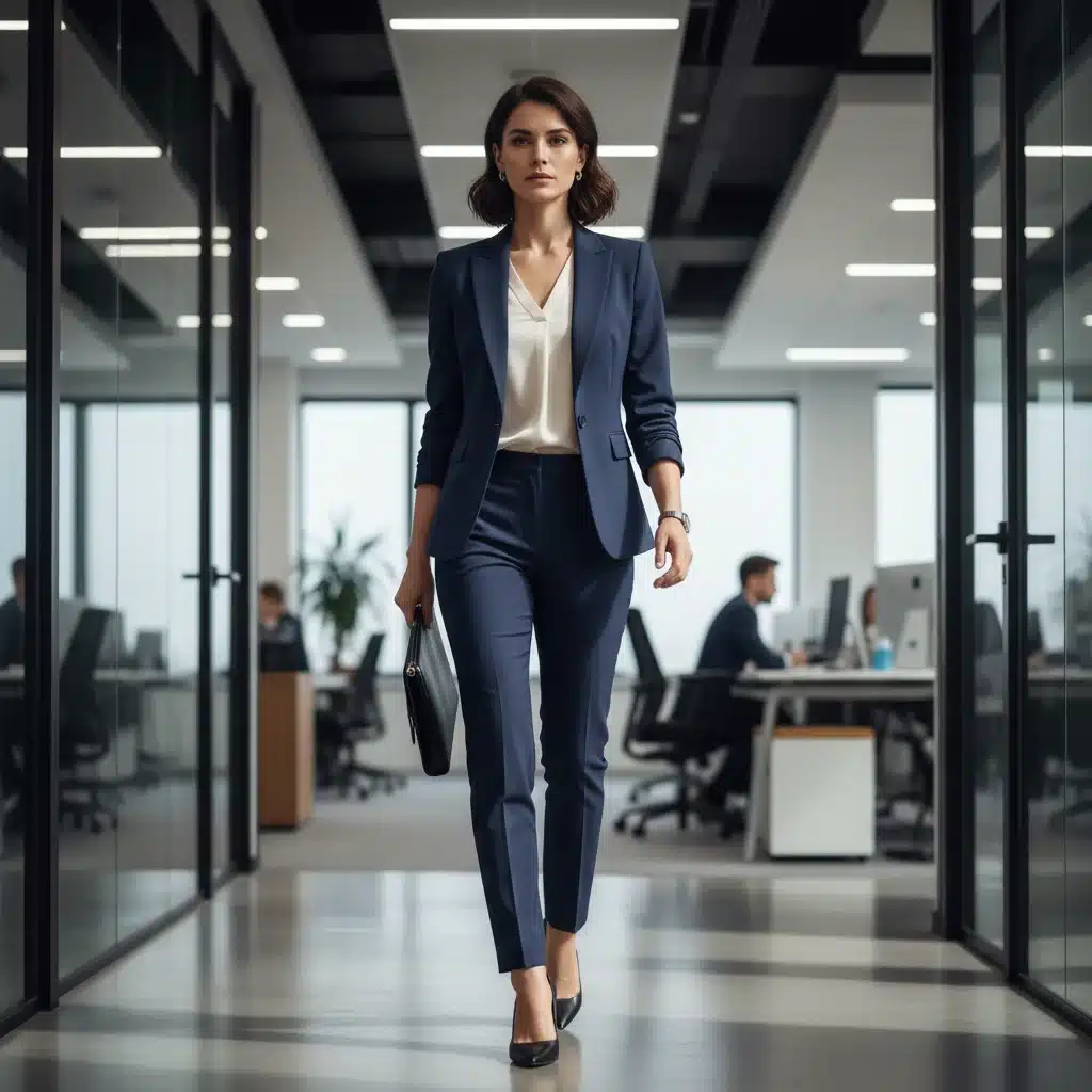 Woman in a navy blue power suit exuding confidence in a professional environment.