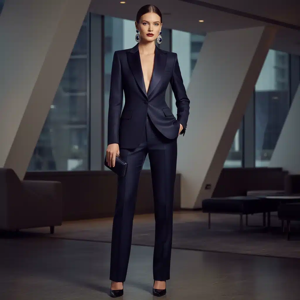 Woman wearing a sophisticated navy tuxedo with satin lapels.