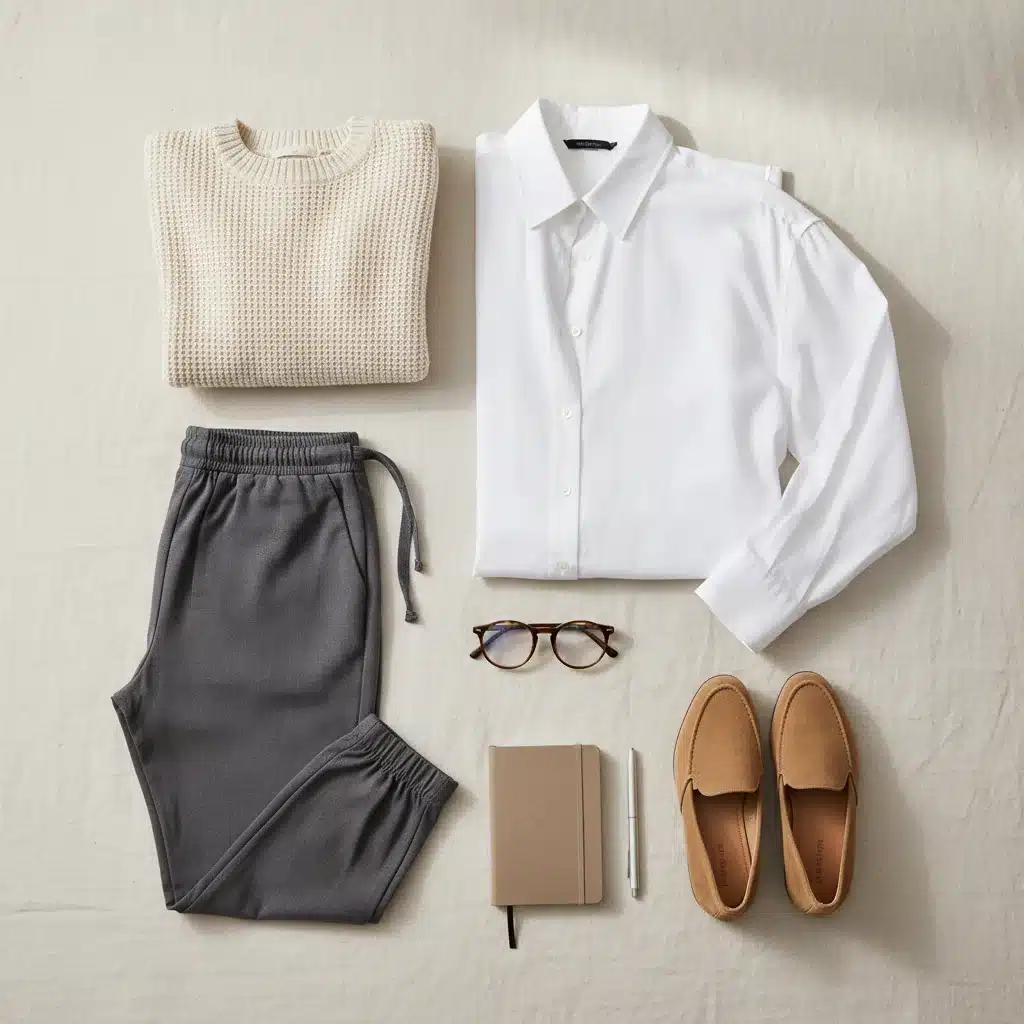 Curated collection of work from home clothing essentials including knitwear, joggers, and a button-down shirt.