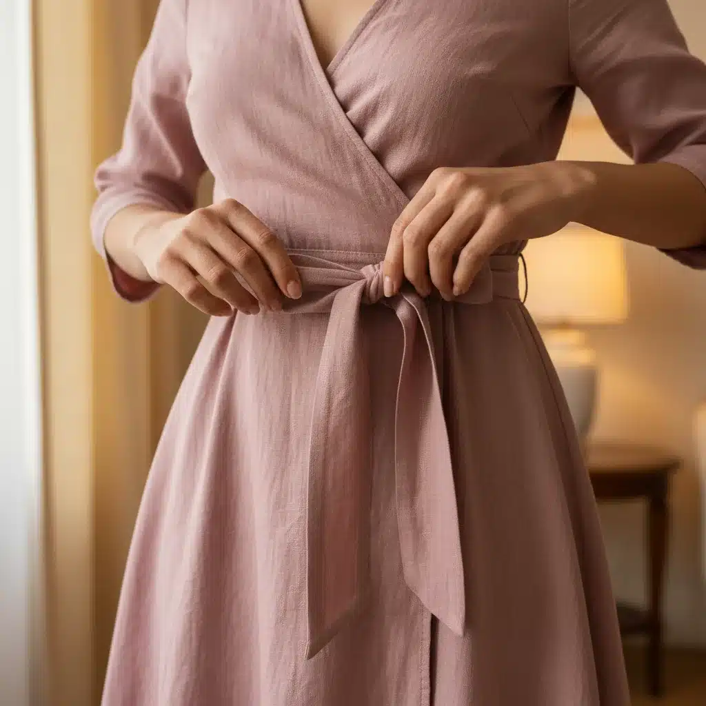 Woman tying the belt of a flattering wrap dress, highlighting adjustable style.
