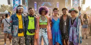 Diverse group in trendy 2026 festival fashion at a vibrant music event