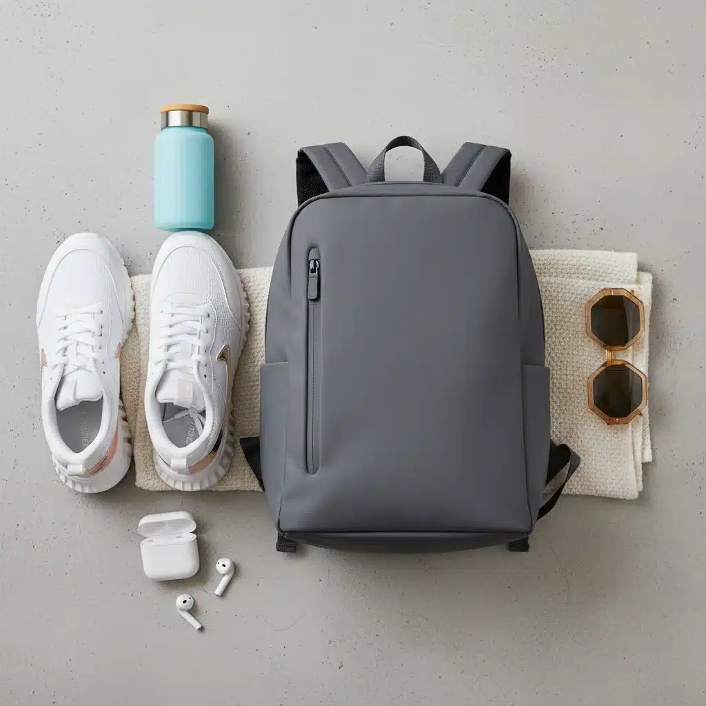 Essential athleisure accessories including sneakers, backpack, and sunglasses