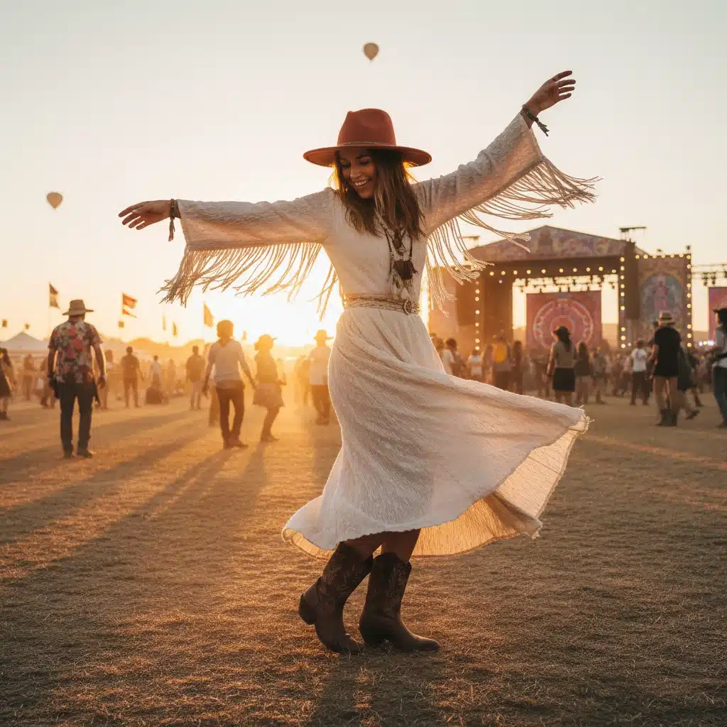 Bohemian-inspired festival dancer at sunset with fringe and hat