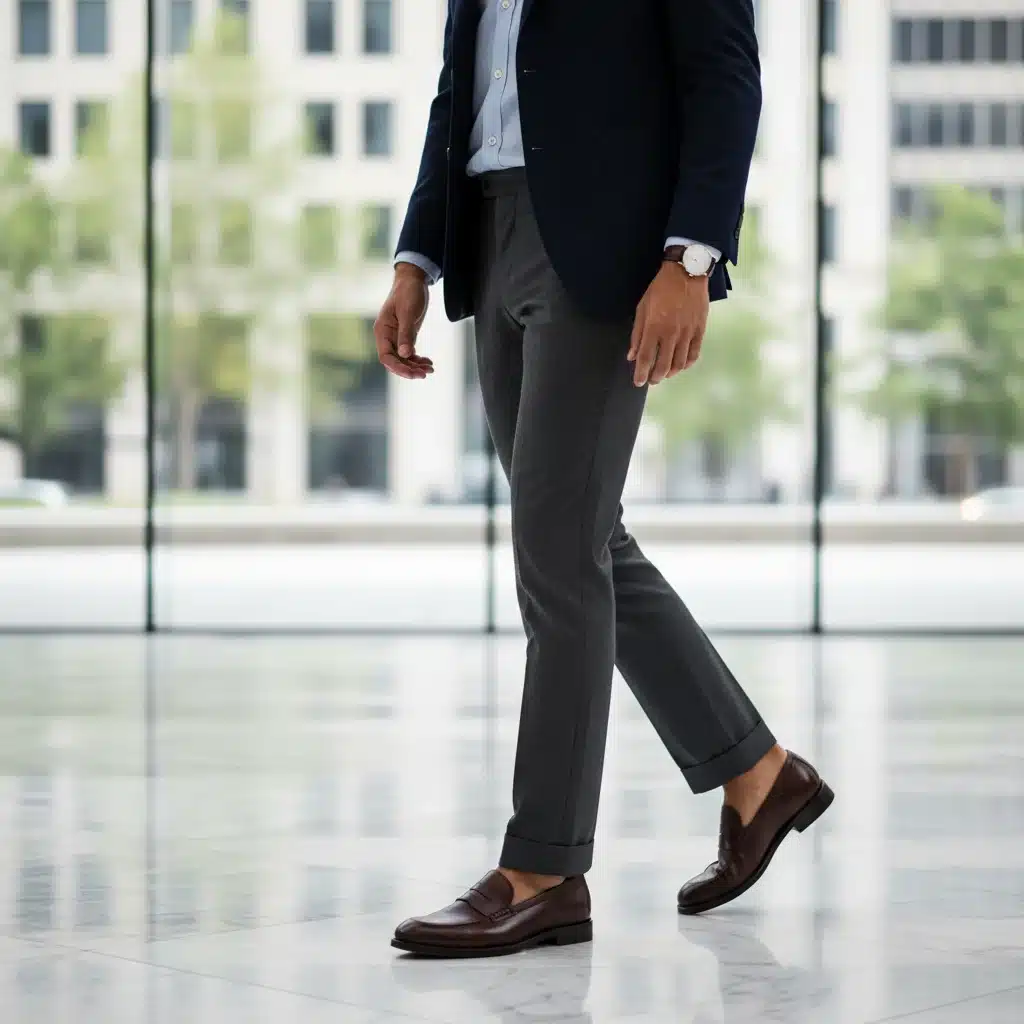 Classic leather loafers worn with tailored trousers, demonstrating their professional and smart-casual appeal.
