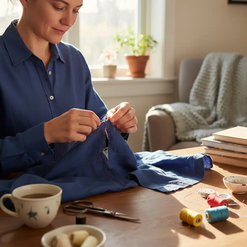 Person mending a torn garment to extend its lifespan