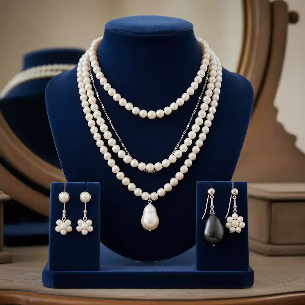 Assortment of classic pearl necklaces and earrings on a jewelry stand