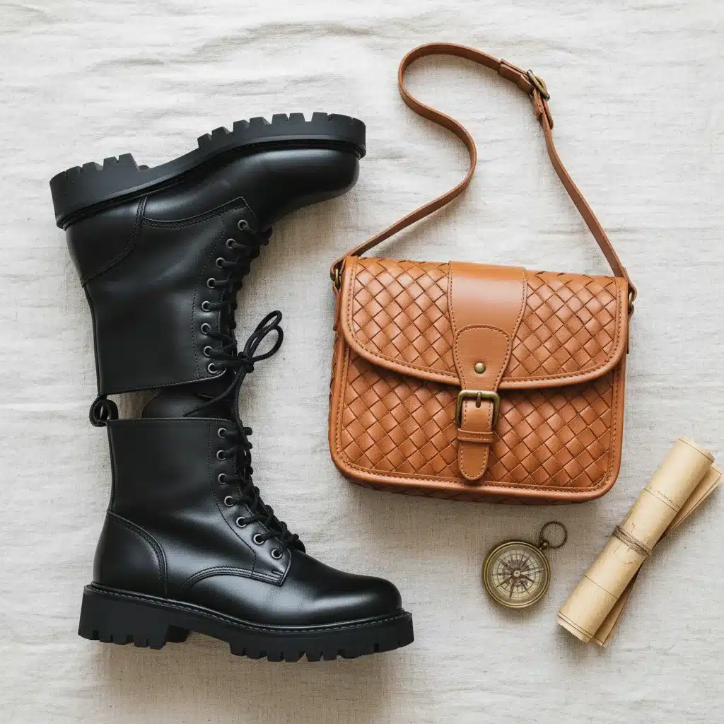 Durable combat boots and artisan crossbody bag for festival wear