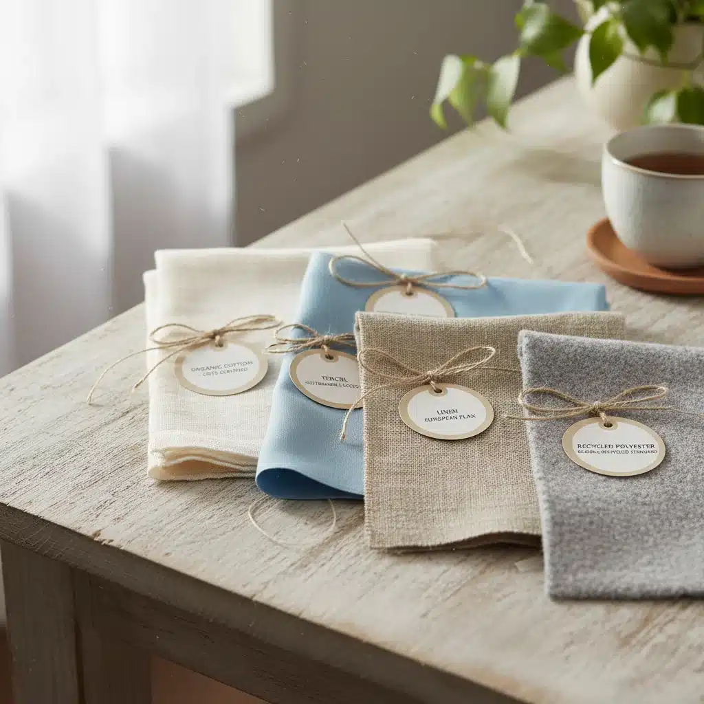 Close-up of eco-friendly fabric swatches like organic cotton and linen