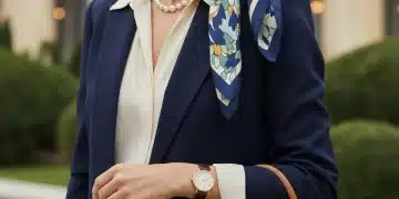 Elegant woman showcasing classic watch, pearl necklace, leather handbag, and silk scarf
