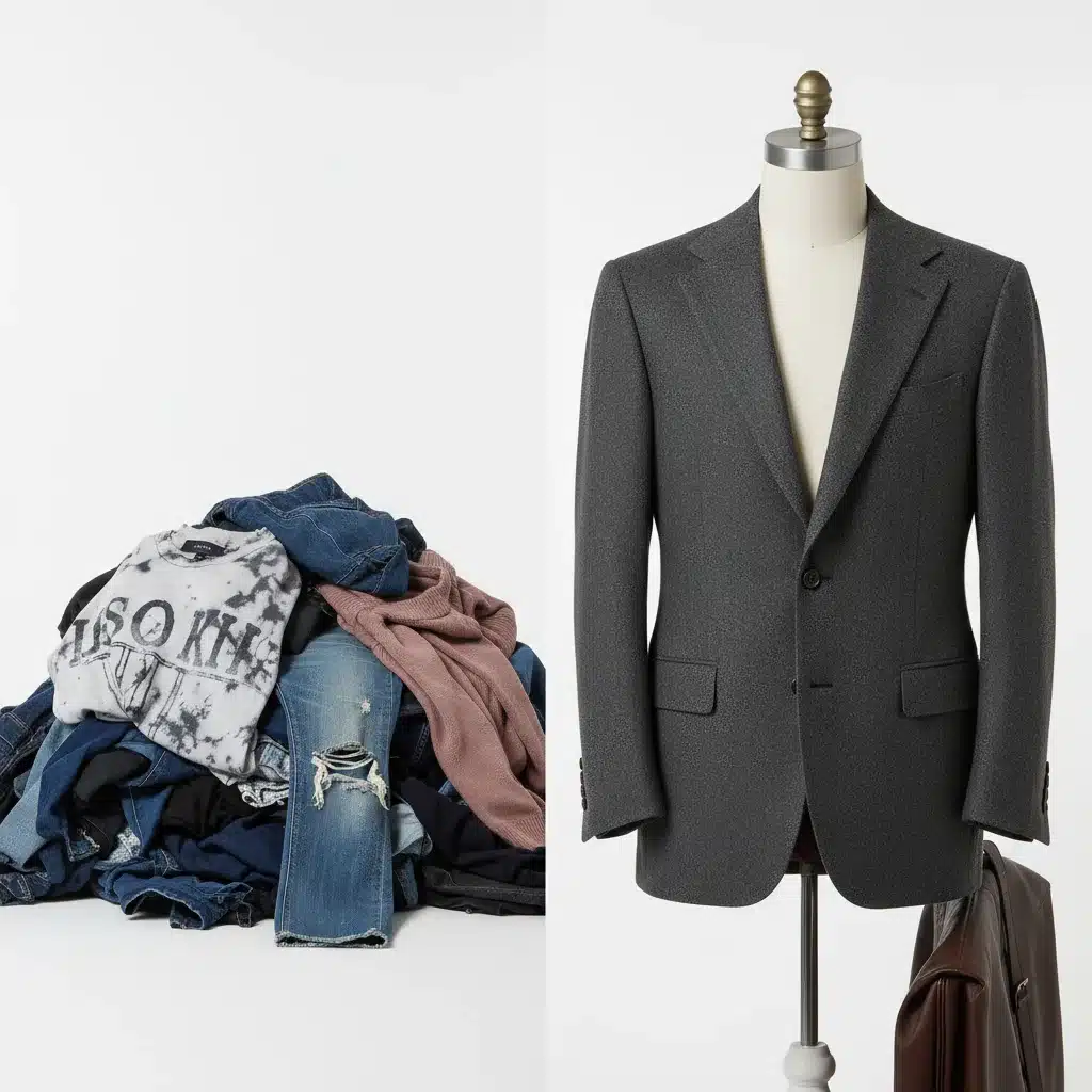 Contrast between worn fast fashion and durable quality clothing