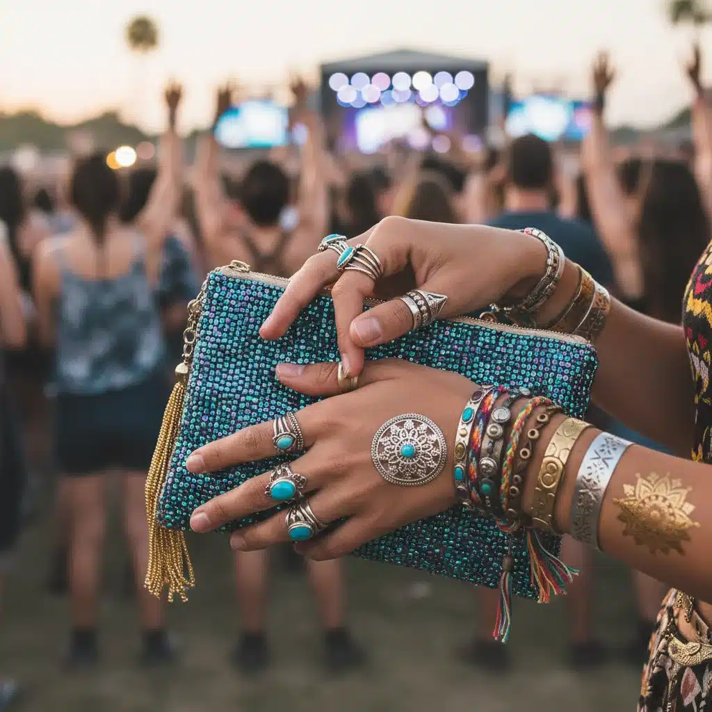 Hands with layered festival jewelry and a beaded clutch bag