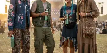 Stylish festival-goers showcasing durable fashion trends for 2026