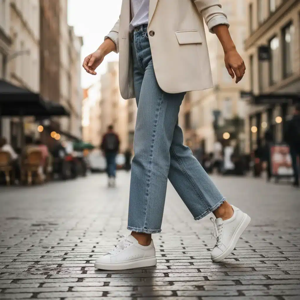 Stylish white minimalist sneakers paired with a casual outfit on a city street, emphasizing everyday versatility.