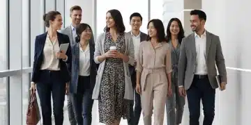 Diverse professionals in modern business casual attire walking in a bright office