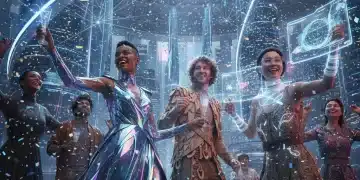 Stylish people celebrating New Year's Eve 2027 with futuristic and sustainable fashion trends.