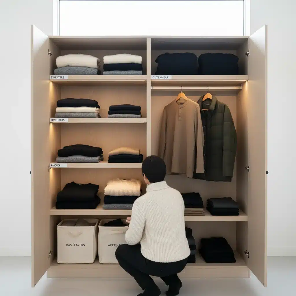 Organized minimalist winter capsule wardrobe