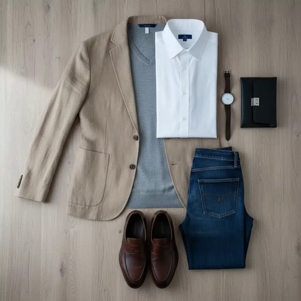 Smart casual layering outfit components flat lay