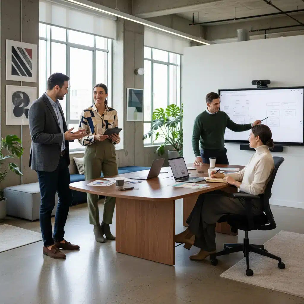 Colleagues in a modern office collaborating, dressed in smart casual attire