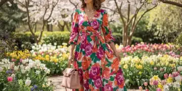 Woman wearing spring 2026 fashion accessories in a garden