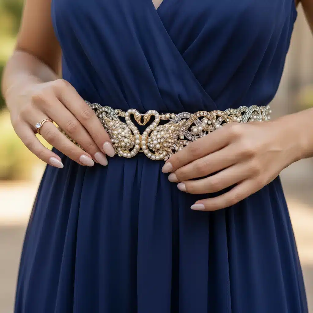 Person adjusting a statement belt on a dress