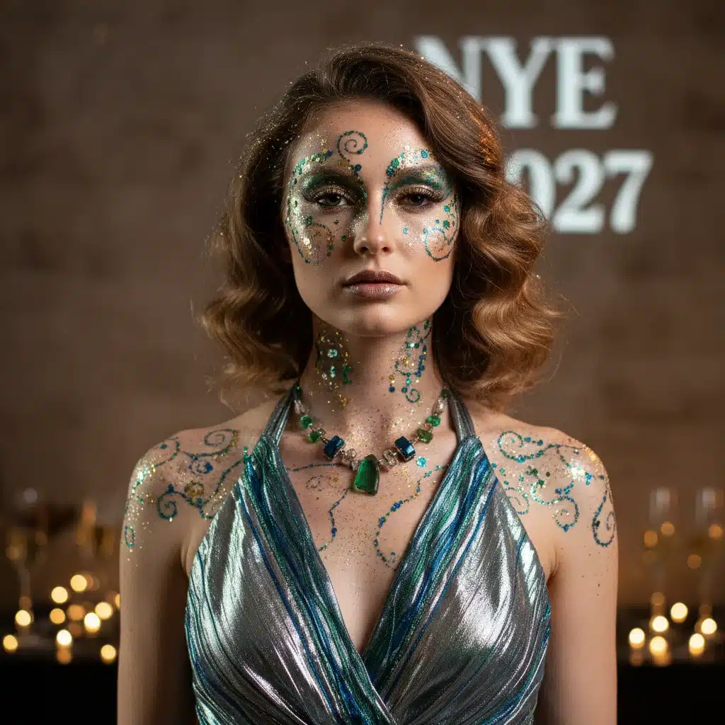 Model with eco-friendly glitter makeup and sustainable dress for New Year's Eve.