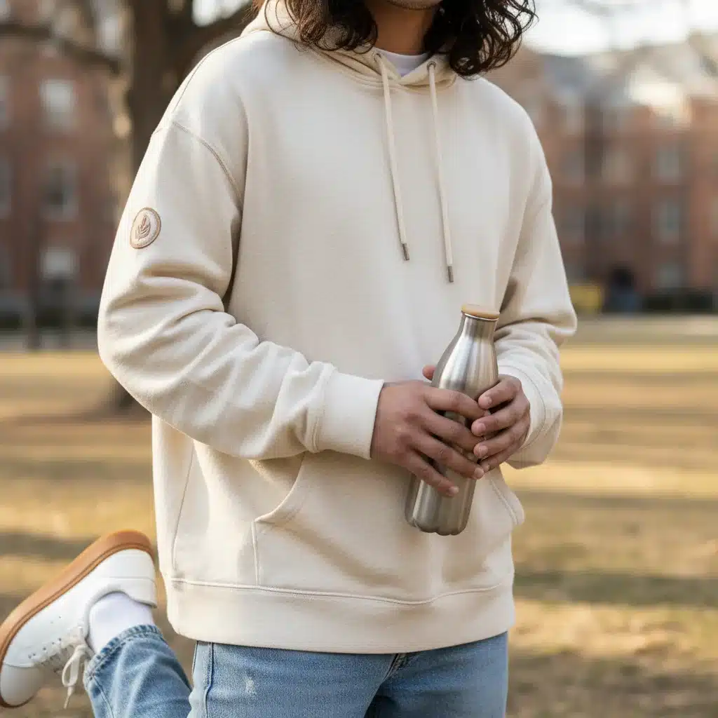 Student in sustainable fashion showcasing organic cotton and recycled denim