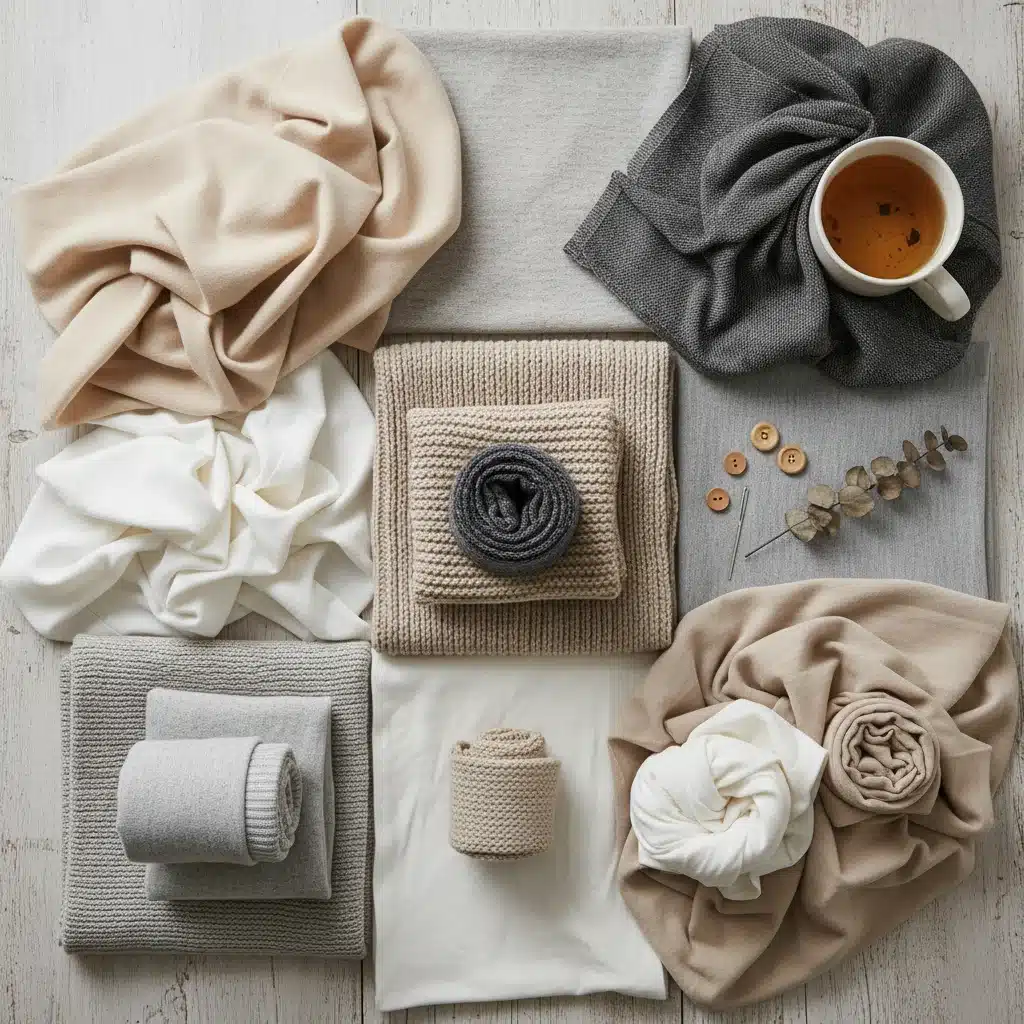 Sustainable winter fabrics flat lay