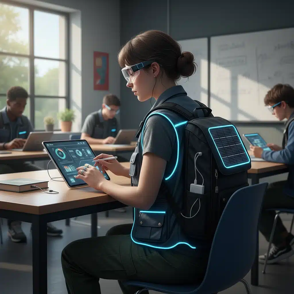 Student with tech-infused utility vest and solar charging backpack
