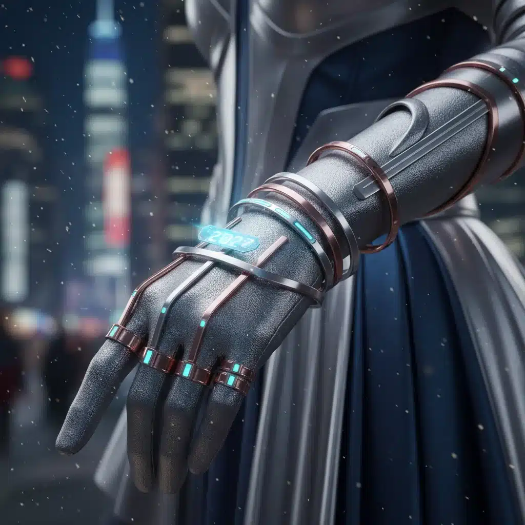 Person wearing glowing tech-infused jewelry with a metallic outfit for NYE 2027.