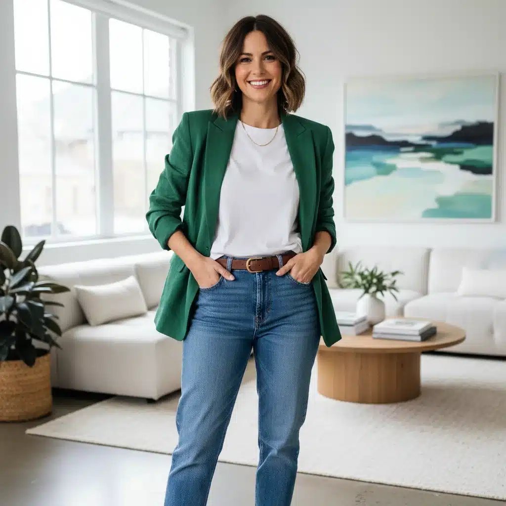 Person demonstrating third piece rule with blazer over t-shirt and jeans