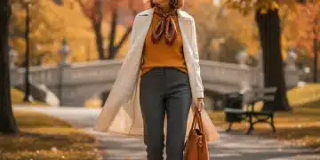 Woman in stylish transitional layered outfit walking in autumn park