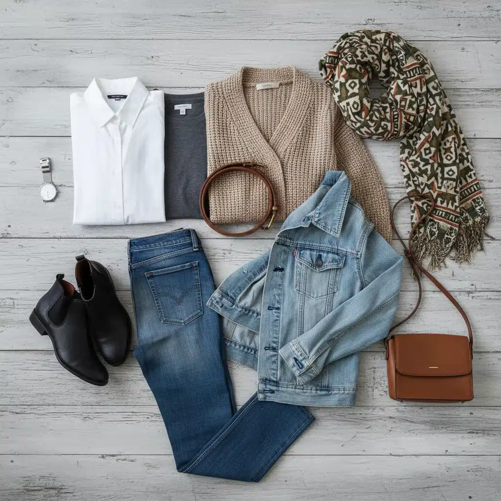Flat lay of versatile wardrobe staples for layering