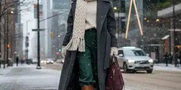 Stylish woman in layered winter outfit in snowy US city