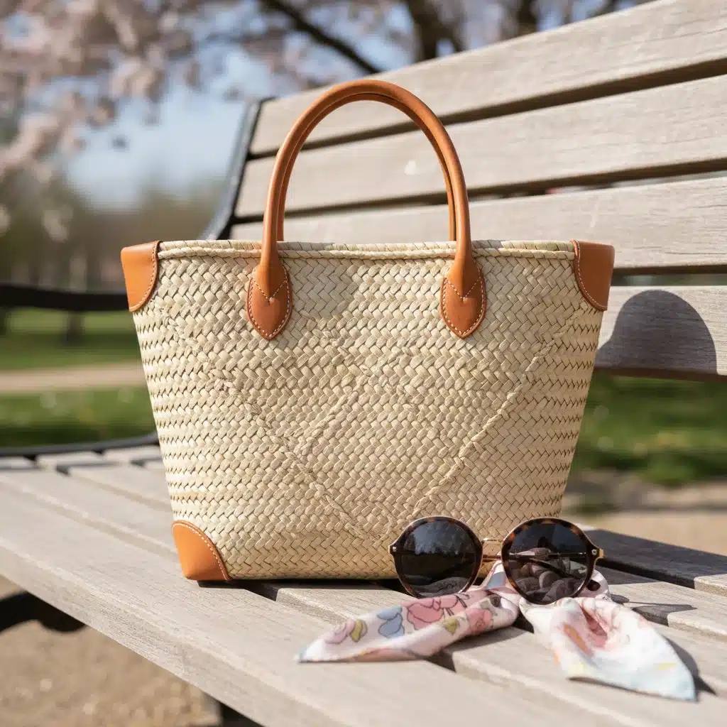 Structured woven straw tote bag with sunglasses, spring fashion